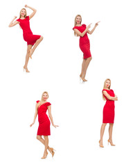 Woman in red dress isolated on white