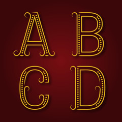 Naklejka premium A, B, C, D golden letters with shadow. Font of dots and lines with flourishes. Type in art deco style.