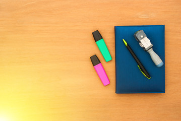 top view of office desk withsmart phone