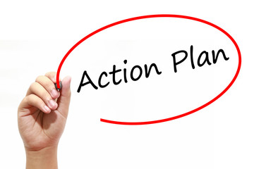 Man Hand writing Action Plan with marker on transparent wipe board. Business, internet, technology concept.
