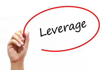 Man Hand writing Leverage with marker on transparent wipe board. Business, internet, technology concept.