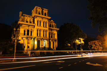 Fototapeta na wymiar Historic house at Logan Circle at night, in Washington, DC.