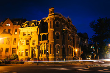 Historic row houses at Logan Circle at night, in Washington, DC.