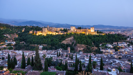 Arabic fortress of Alhambra at top of Granada, Spain.