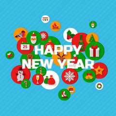 Happy New Year greetings with holiday flat icons