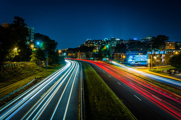 Fototapeta na wymiar Long exposure of traffic on US 50 at night, in Arlington, Virgin