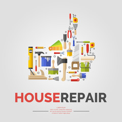 White poster with hand of tools for house repair