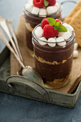 Smores chocolate pudding in a jar
