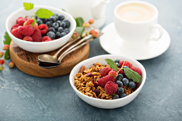 Granola and berries with coffee