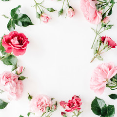 round frame wreath pattern with roses, pink flower buds, branches and leaves isolated on white background. flat lay, top view