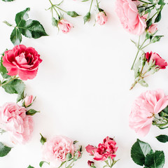 round frame wreath pattern with roses, pink flower buds, branches and leaves isolated on white...