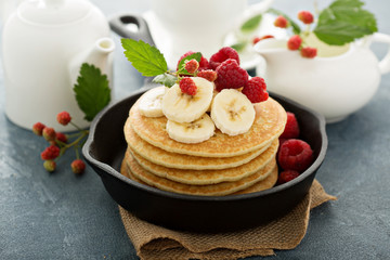 Fluffy buttermilk pancakes with bananas