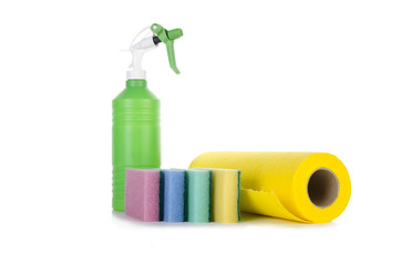 Cleaning cloth sponges and sprayer isolated on white