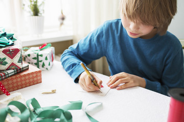 Boy (10-11) writing Christmas cards 