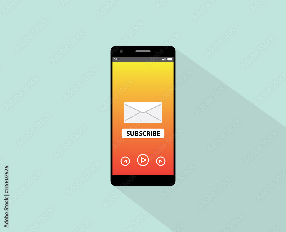 Poster subscribe newsletter or application on the smartphone with envelope and phone device vector graphic
