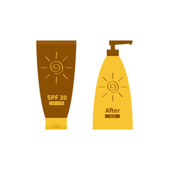 Tube of sunscreen suntan cream. After sun lotion. Plastic bottle set. Solar defence. Spiral sun sign symbol icon. SPF 30 sun protection factor. UVA UVB sunscreen. Isolated. White background. Flat