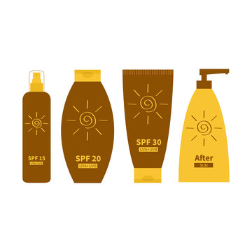 Tube of sunscreen suntan oil cream. After sun lotion. Bottle set. Solar defence. Spiral sun sign symbol icon. SPF 15 20 30 sun protection factor. UVA UVB sunscreen. Isolated. White background. Flat