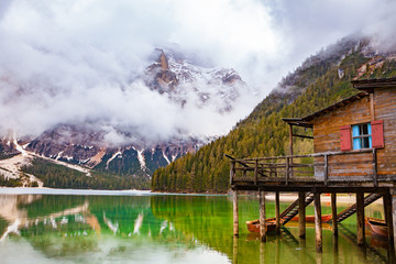 Fototapeta premium Braies Lake in Dolomites mountains, Seekofel in background, Sudt