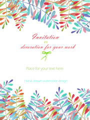 Background, template postcard with a floral ornament of the watercolor multicolored leaves and branches, hand drawn in a pastel on a white background