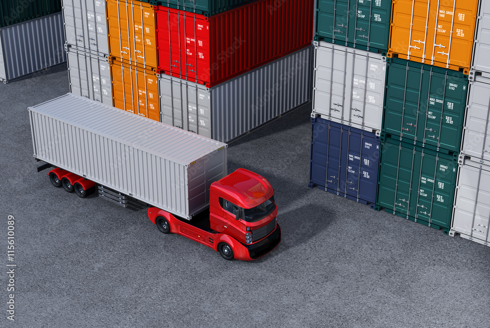 Poster red truck in container port. 3d rendering image.