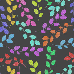 Seamless pattern with the watercolor branches with leaves, hand painted isolated on a dark background