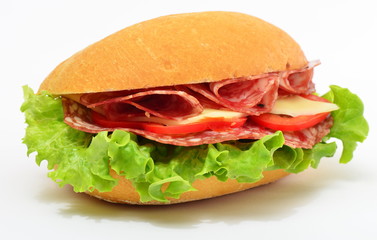 Sandwich with salami cheese, tomato and lettuce