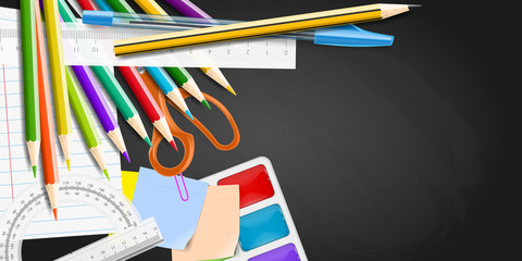 School supplies on blackboard. Realistic vector illustration.