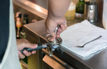 Espresso machine pouring fresh coffee into cups at restaurant. Coffee automatic machine making coffee
