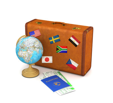 Concept travel. Suitcase for travel. Globe, passport and tickets