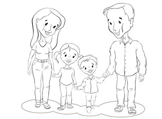 mom, dad, son and daughter go and smile coloring book
