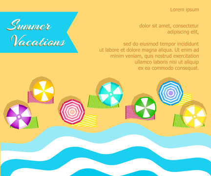 Beach scene, view from the top. Towels with umbrellas near the sea. Stylized sea with sand. vector illustration