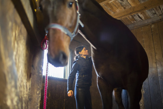 Sweden, Ostergotland, Vaderstad, Woman in stables