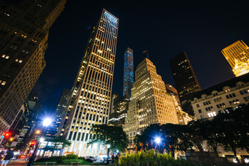 Skyscrapers in Midtown Manhattan at night, in New York.
