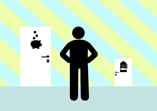 Illustration Nudging; sparen; konsumieren; Erziehung; entscheiden; Hinweis; Gegensatz