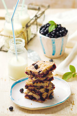 Blueberry cake and bottle of milk .