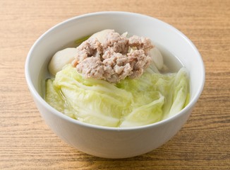 Lettuce Soup with Minced Pork and Fish Meat Ball