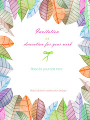 Background, template postcard with the watercolor leaves, hand drawn on a white background, background for your card and work