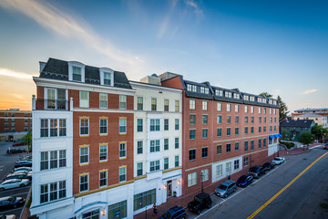 Sunset over apartment buildings in Portsmouth, New Hampshire.