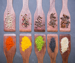 Various spices, herb,  spicy and sweet pepper, anise, sesame, coriander, wooden blades on a dark table.