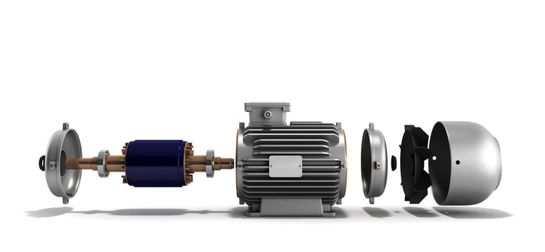 electric motor in disassembled state 3d render on a white backgr