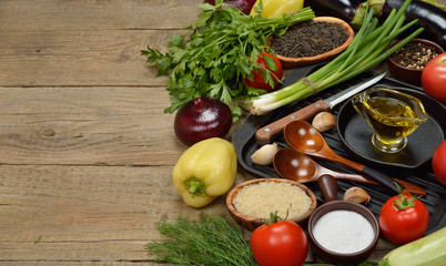 Various vegetables and pan