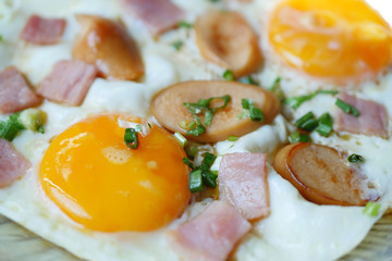 Fototapeta na wymiar pan egg with ham and sausages
