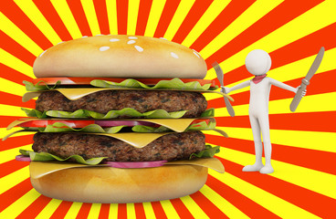 man ready to eat hamburger with red and yellow background, 3d re