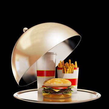 Luxury fast food meal with black background, 3d rendering