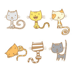Cartoon doodle colorful cats set. Six little cute kittens. Children's illustration. Funny animals. Vector  image.