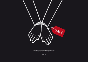 World Day against Trafficking in Persons vector. Black and white vector illustration. Tied hands. Important day