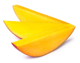 Three mango slices isolated on white background, with clipping path