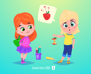 Cute girls with apples. Back to school illustration