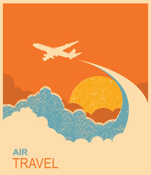 Airplane Flying In Sky.Vector Air Travel Background