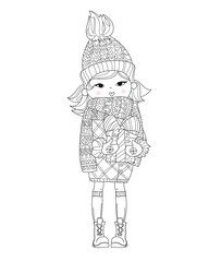Vector cute girl in winter hat with christmas gift